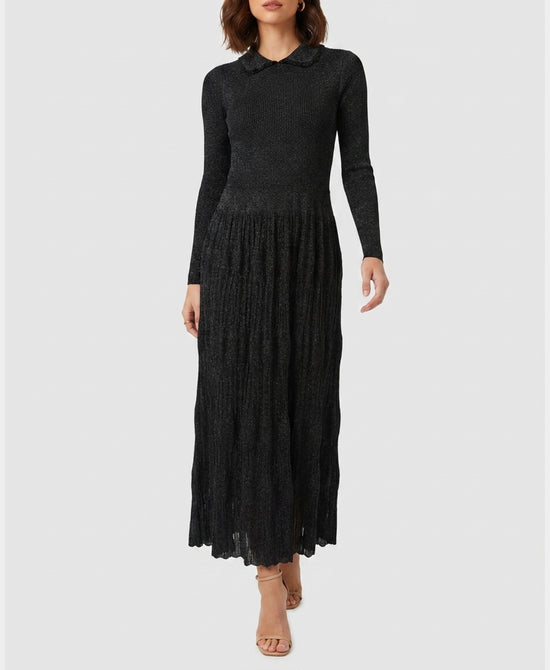 
Metallic Knit Midi Dress w/ Pleated Bottom in METALLIC BLACK view 1