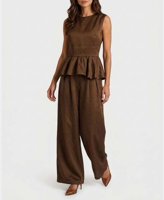 
Satin Peplum Top & Pant - 2 Pc Set in BROWN view 1