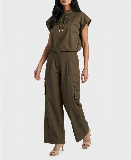 
Utility Lace Up Bubble Top & Cargo Pant - 2 Pc Set in OLIVE view 1