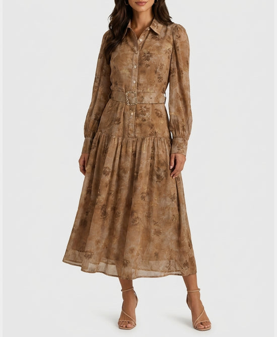 
Printed Maxi Dress w/ Belt in TAN MULTI view 1