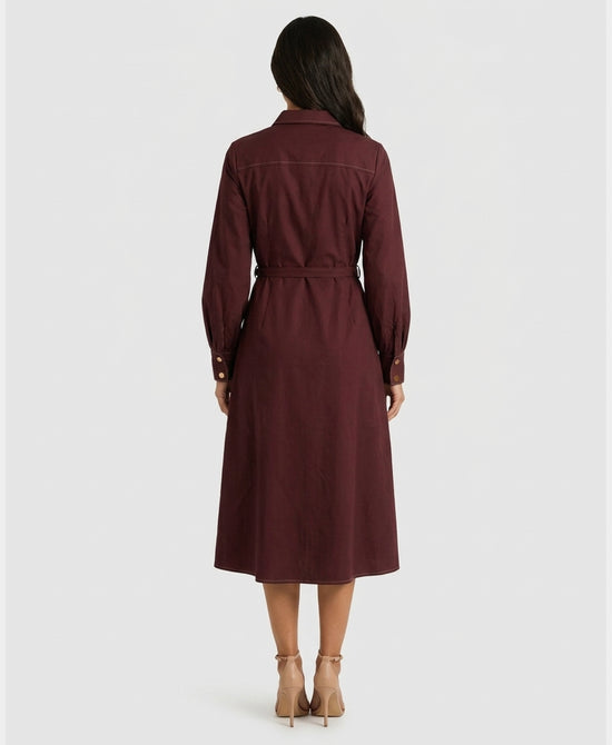 
Solid Midi Dress w/ Stitching Detail in BURGUNDY view 2