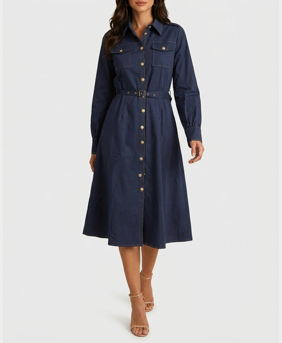 
Solid Midi Dress w/ Stitching Detail in NAVY view 1