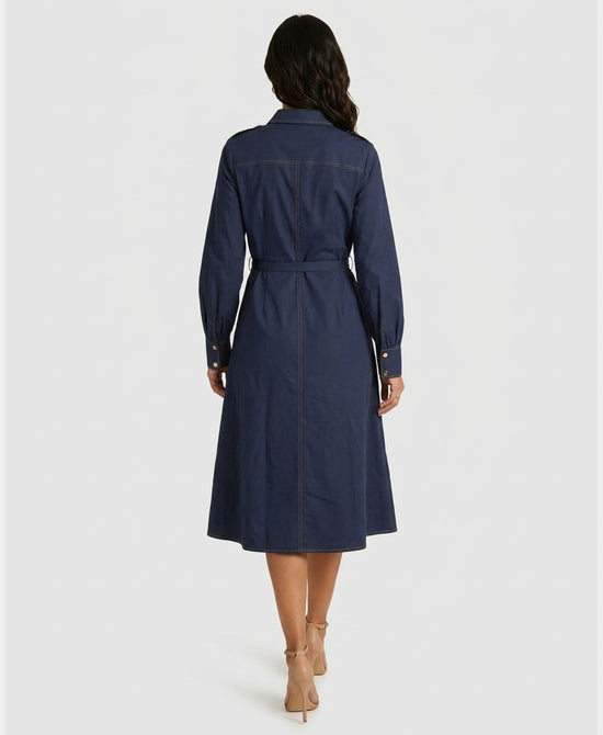 
Solid Midi Dress w/ Stitching Detail in NAVY view 2