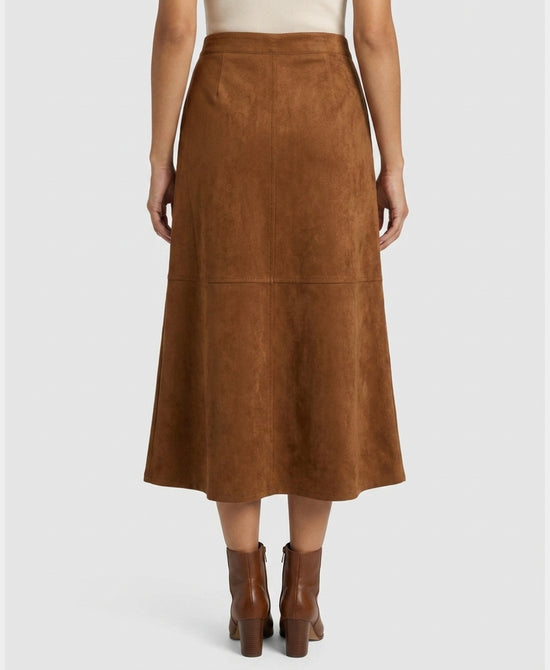 
Faux Suede A-Line Midi Skirt in BROWN view 2