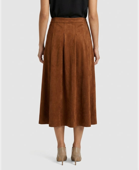 
Faux Suede Box Pleated Midi Skirt in BROWN view 2
