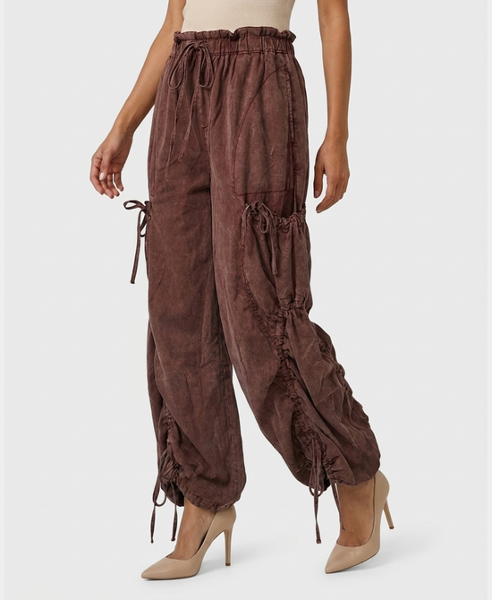 
Cargo Pocket Drawstring Pants in RED BEAN view 1