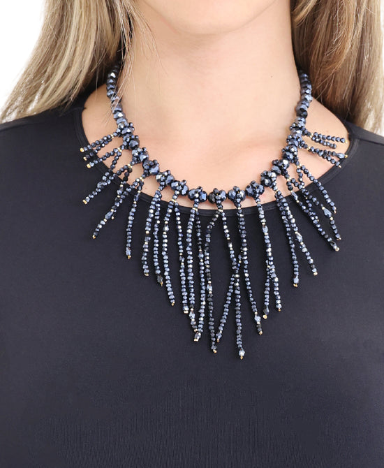 
Beaded Statement Fringe Necklace in NAVY view 1