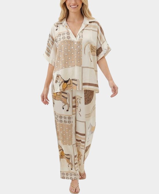 
Horse Print Top & Pants Set- 2 Pc Set in IVORY/BROWN view 1