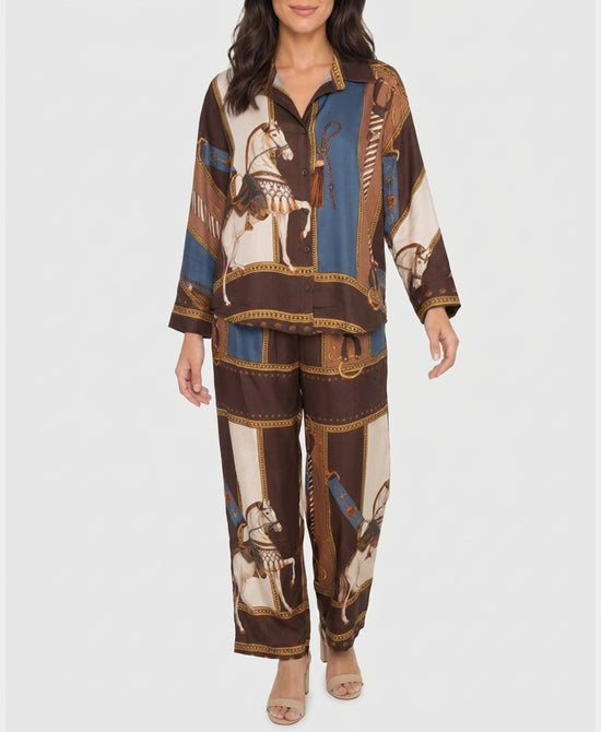 
Horse Print Blouse & Pants Set- 2 Pc Set in BROWN/BLUE view 1