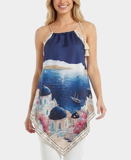 
Art-Inspired Scenic Print Hanky Hem Tank in NAVY view 1