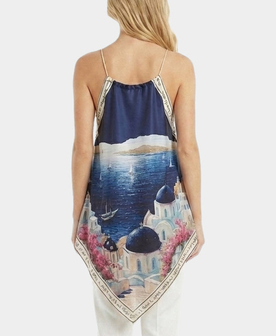 
Art-Inspired Scenic Print Hanky Hem Tank in NAVY view 2