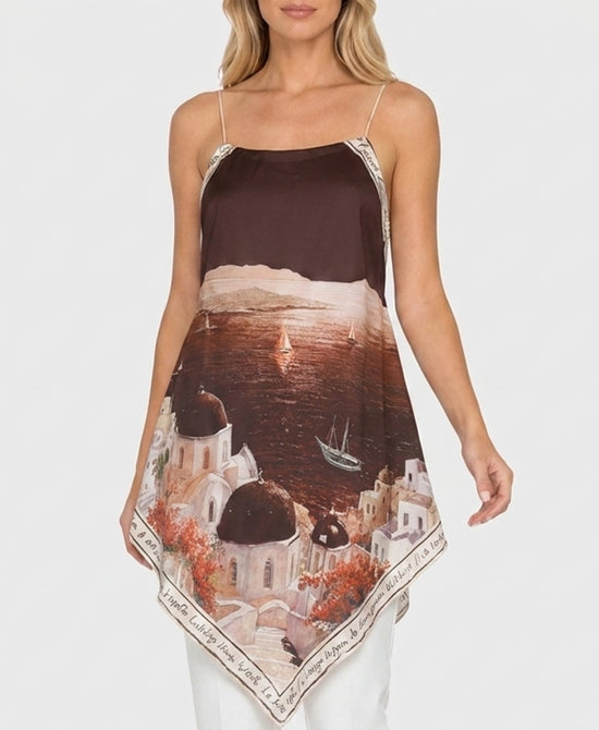 
Art-Inspired Scenic Print Hanky Hem Tank in BROWN view 1