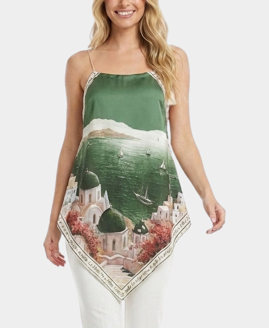
Art-Inspired Scenic Print Hanky Hem Tank in GREEN view 1
