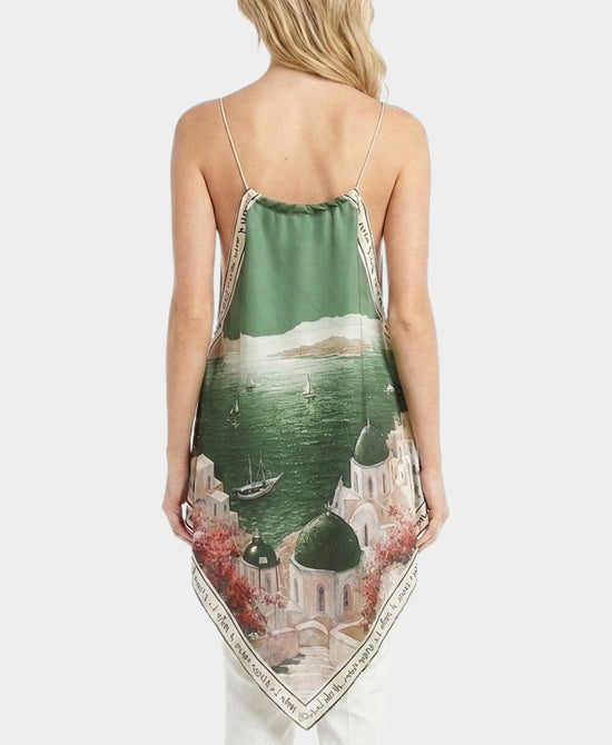 
Art-Inspired Scenic Print Hanky Hem Tank in GREEN view 2