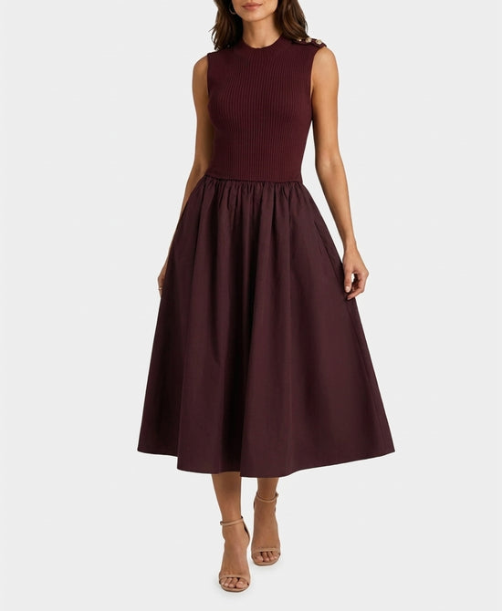 
Knit Combo Maxi Dress w/ Gold Button Detail in BURGUNDY view 1