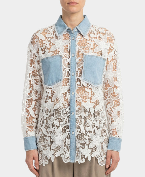 
Crochet Lace Shirt w/ Denim Trim in WHITE/BLUE view 1