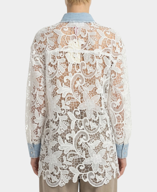 
Crochet Lace Shirt w/ Denim Trim in WHITE/BLUE view 2