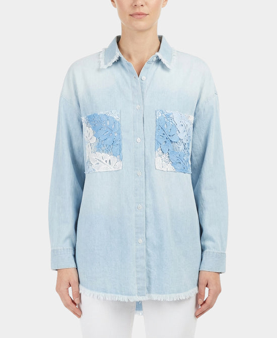 
Denim Shirt w/ Crochet Lace Trim in BLUE view 1