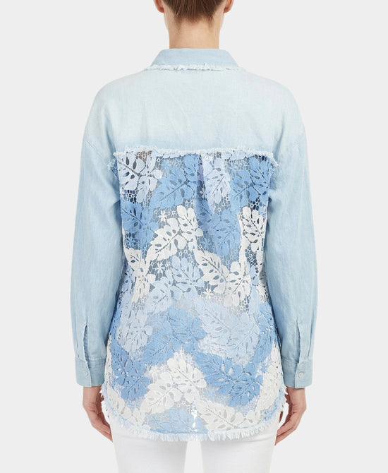 
Denim Shirt w/ Crochet Lace Trim in BLUE view 2