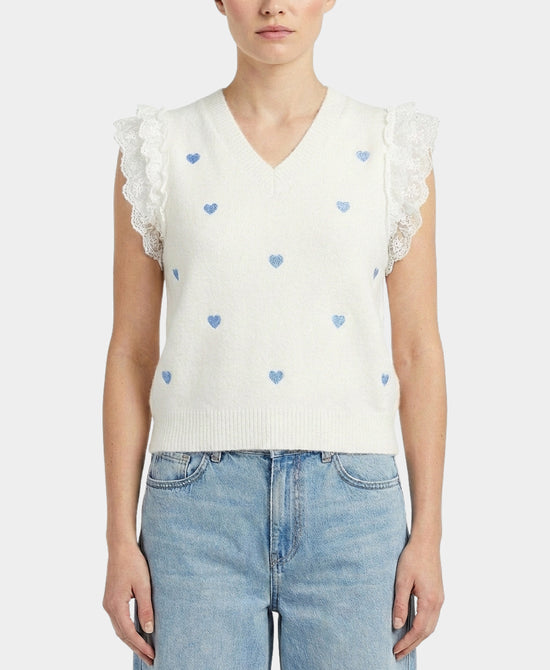 
Knit Top w/ Hearts & Lace Ruffle Detail in WHITE view 1