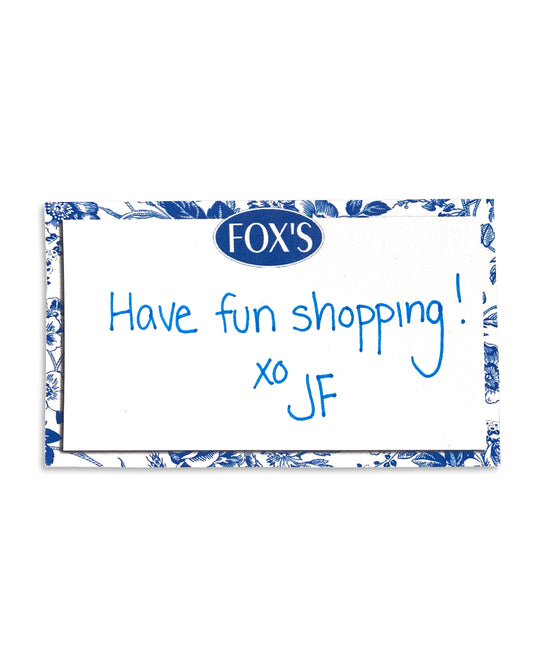 Sample gift card message reading "Have fun shopping! XO JF"