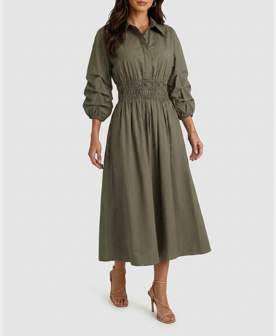 
Solid Midi Shirt Dress in OLIVE view 1