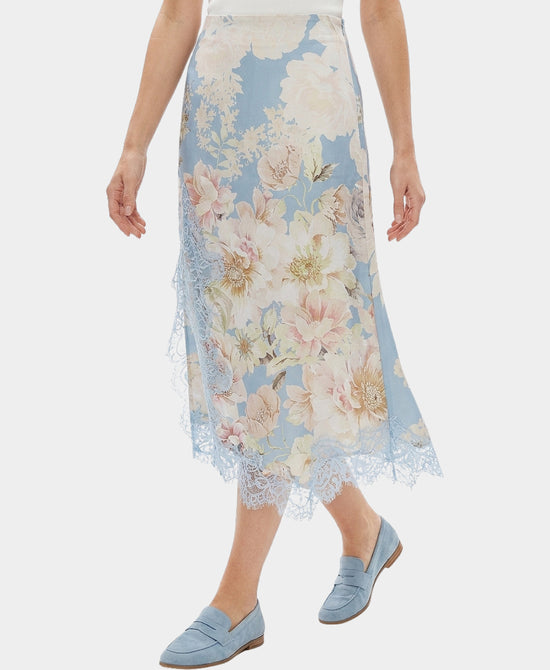 
Printed Midi Skirt w/ Lace Trim in BLUE MULTI view 1
