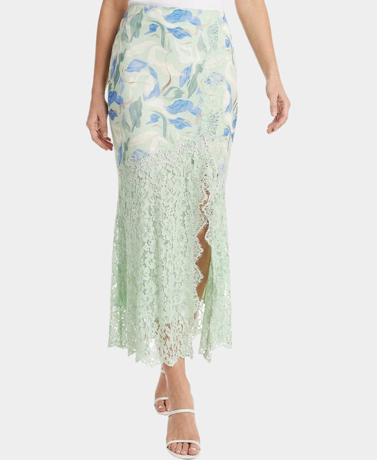 
Printed Midi Skirt w/ Lace Trim in GREEN MULTI view 1