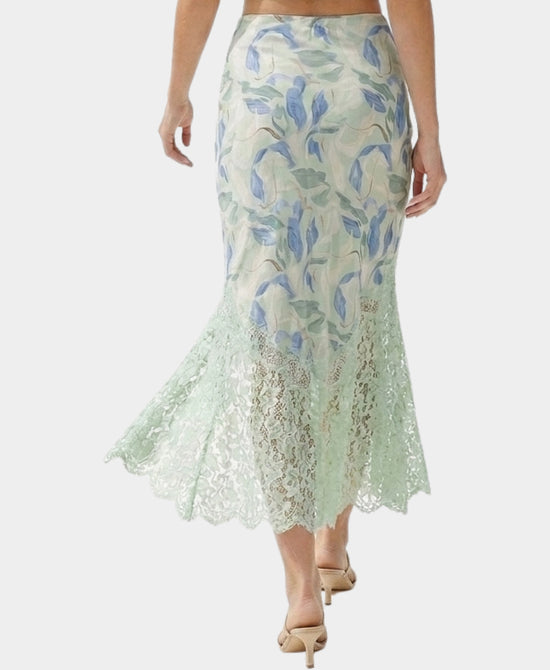 
Printed Midi Skirt w/ Lace Trim in GREEN MULTI view 2