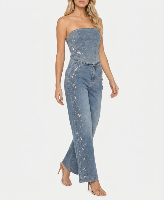 
Denim Corset Top & Pants w/ Jewels - 2 Pc Set in LIGHT WASH view 1