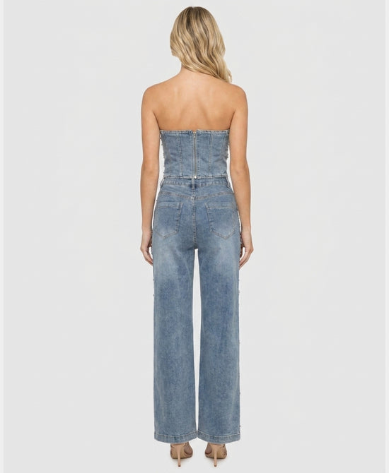 
Denim Corset Top & Pants w/ Jewels - 2 Pc Set in LIGHT WASH view 2