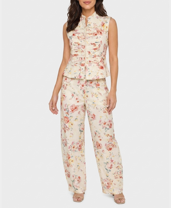 
Floral Print Denim Band Vest & Barrel Pants - 2 Pc Set in CREAM MULTI view 1