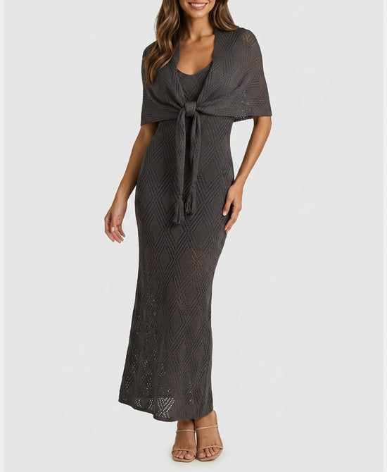
Knit Maxi Dress w/ Shawl- 2 Pc Set in GREY view 1