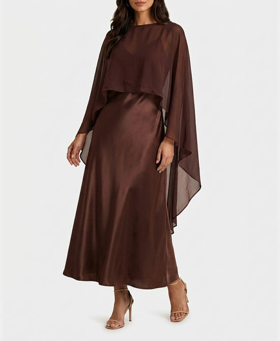 
Satin Slip Dress w/ Chiffon Overlay - 2 Pc Set in BROWN view 1