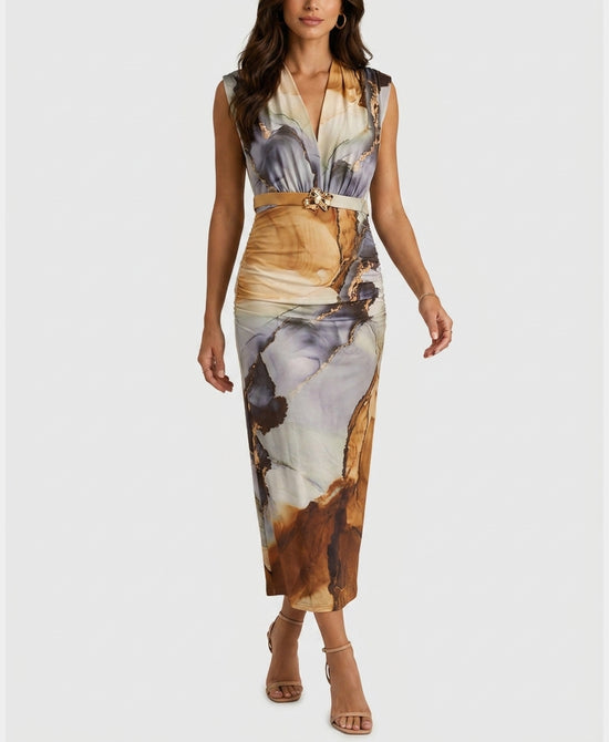 
Marble Print Midi Dress in CAMEL/GREY view 1