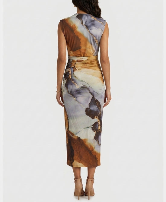 
Marble Print Midi Dress in CAMEL/GREY view 2