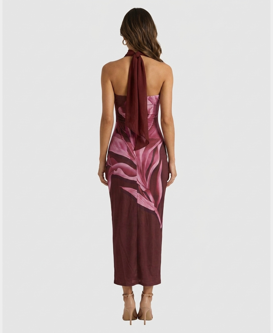 
Strapless Printed Bodycon Dress w/ Scarf in BURGUNDY MULTI view 2