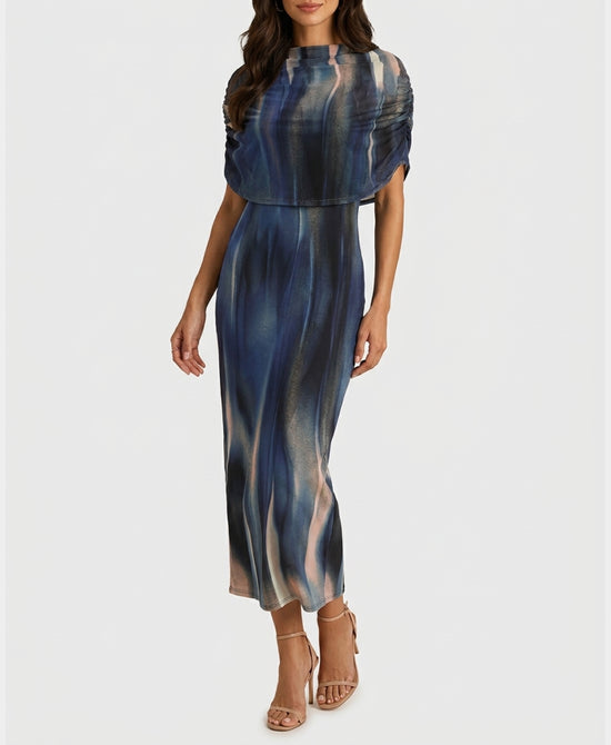 
Mesh Overlay Midi Dress in BLUE MULTI view 1