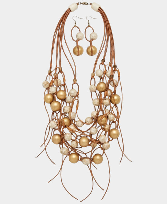 
Lightweight Fringe Statement Necklace w/ Beads & Earrings Set in BROWN view 2