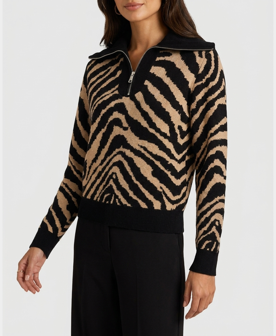 
Printed Sweater w/ Zip Up in BLACK/BEIGE view 1