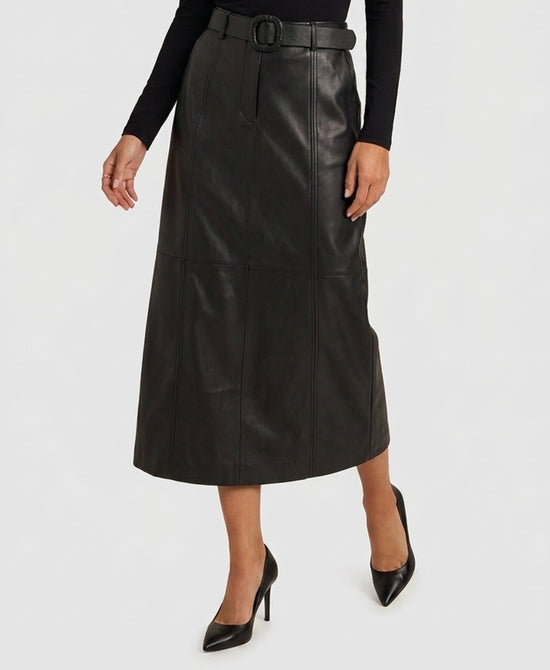 
Faux Leather Midi Skirt w/ Belt in BLACK view 1