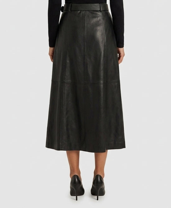 
Faux Leather Midi Skirt w/ Belt in BLACK view 2