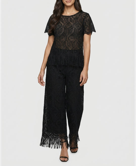 
Sheer Crochet Top & Pants w/ Fringe Set- 2 Pc Set in BLACK view 1