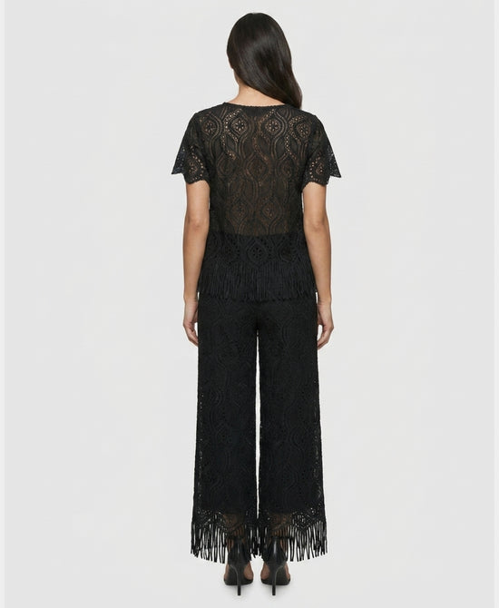 
Sheer Crochet Top & Pants w/ Fringe Set- 2 Pc Set in BLACK view 2