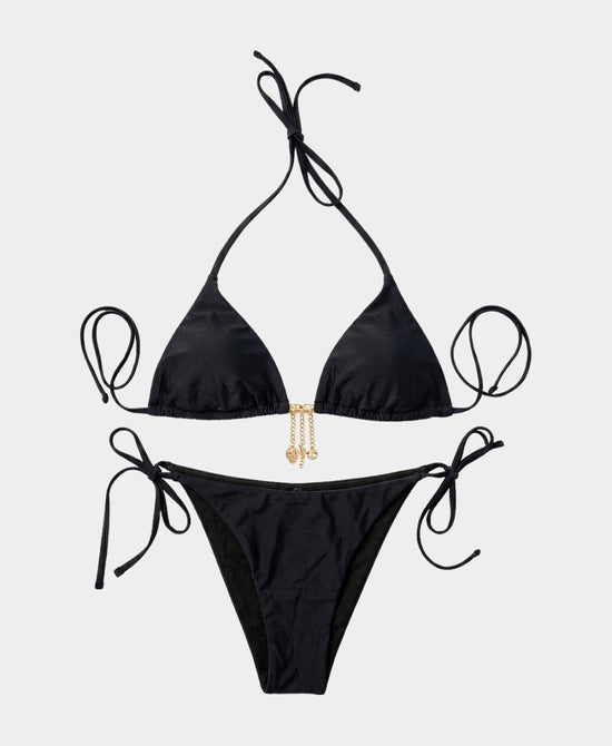
Bikini Top w/ Charms & Solid Bottom Set- 2 Pc in BLACK view 1