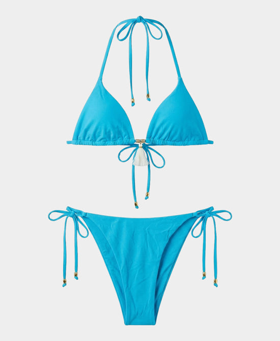 
Bikini Top w/ Tassel & Shell & Solid Bottom Set- 2 Pc in TURQUOISE view 1