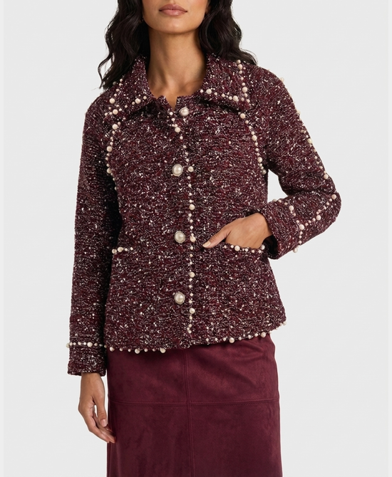 
Tweed Jacket w/ Pearls in BURGUNDY view 1