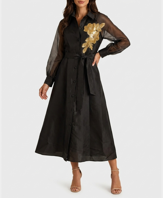 
Satin Maxi Dress w/ Beaded Floral Applique in BLACK/GOLD view 1