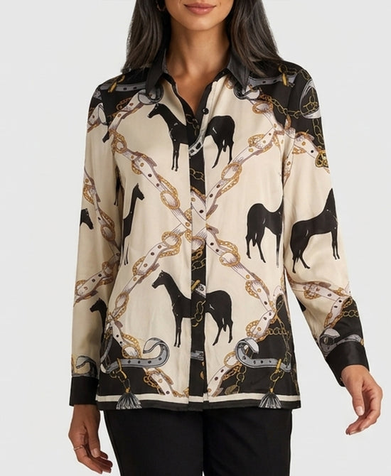 
Equestrian Print Blouse in IVORY/BLACK view 1
