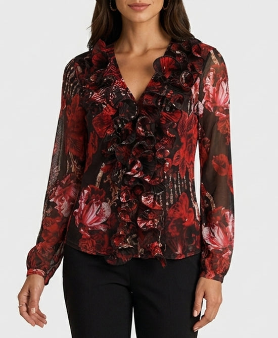 
Rose Print Mesh Blouse w/ Ruffles in RED view 1